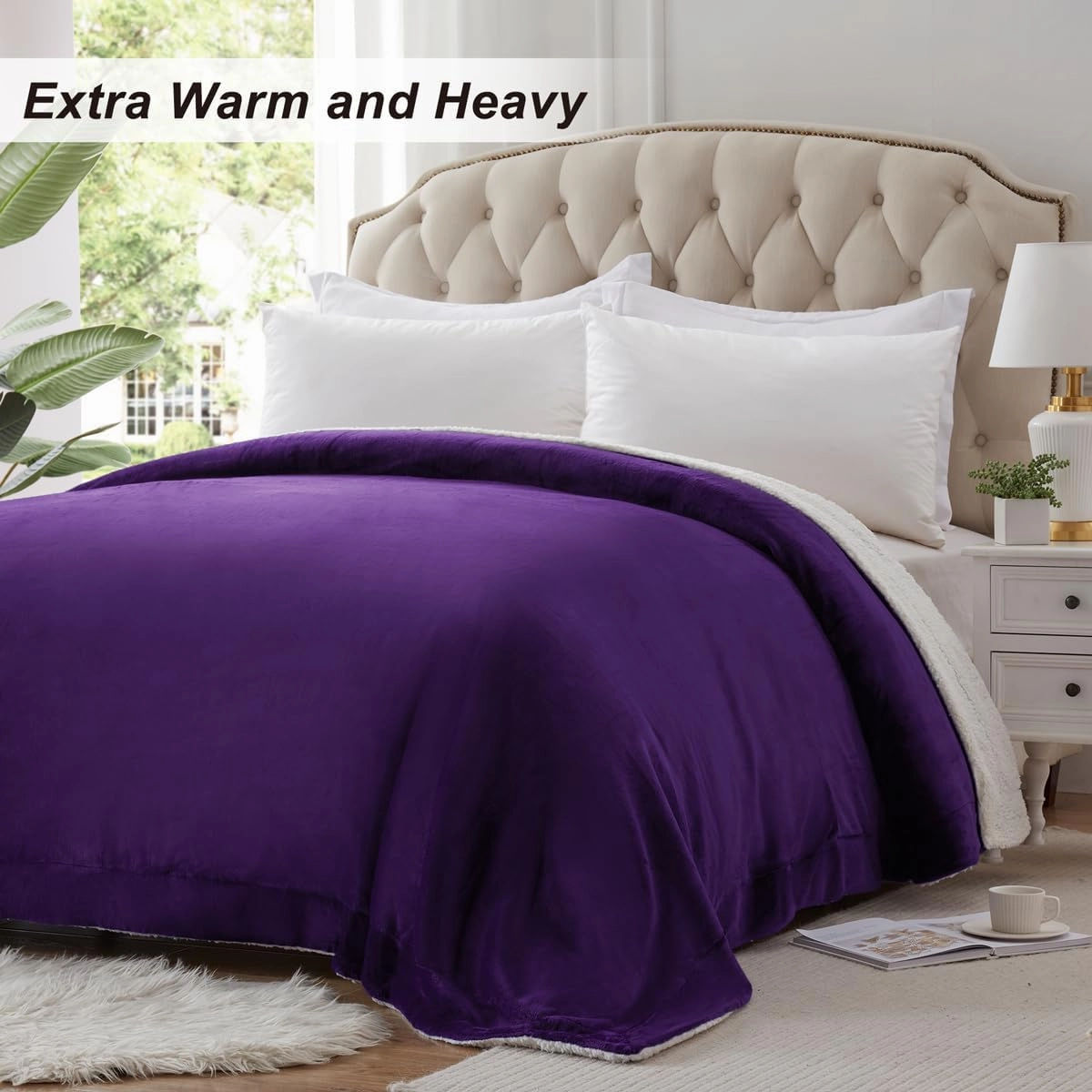 KAWAHOME Sherpa Fleece Queen Size Blanket for Bed - Extra Warm and Heavy Thick Blankets for Winter, Super Soft 500GSM Plush Blanket, 90"X 90" Purple