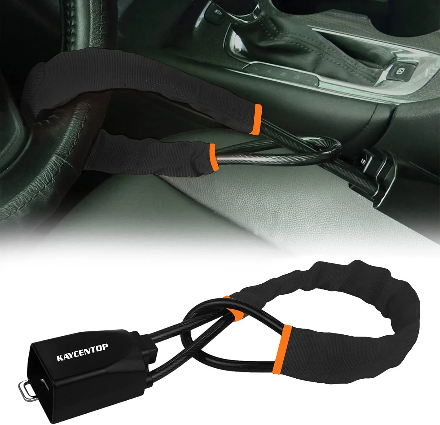 KAYCENTOP Car Steering Wheel Lock, Seat Belt Lock, Anti-Theft Device, Max 17 Inch Length, Small and Light-Weight, Multi-Functional, Fit Most Vehicle, SUV, Golf Cart Security (Black)