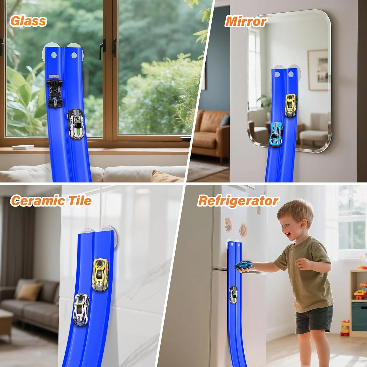 KETIEE Flex Tracks 16Ft for Kids: Flexible Race Car Ramp Track with 4 Small Racecars and 8 Suction Cups Compatible with Hot Wheels and Diecast 1/64th Cars, Rolls Up Portable Racetrack for Ages 3 & Up