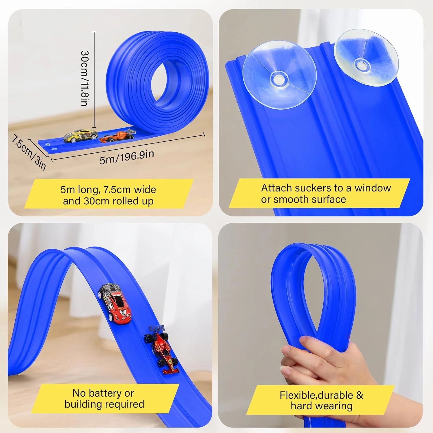 KETIEE Flex Tracks 16Ft for Kids: Flexible Race Car Ramp Track with 4 Small Racecars and 8 Suction Cups Compatible with Hot Wheels and Diecast 1/64th Cars, Rolls Up Portable Racetrack for Ages 3 & Up