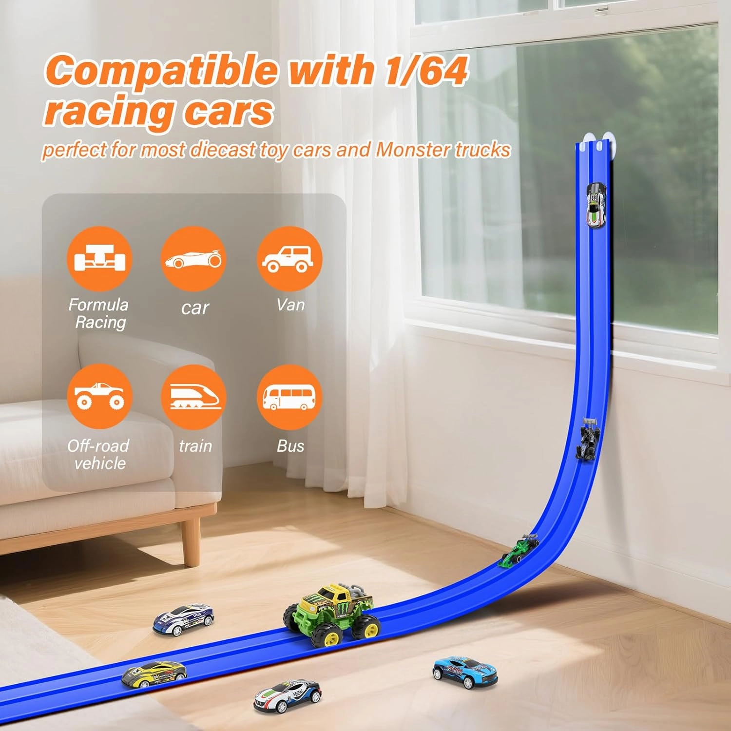 KETIEE Flex Tracks 16Ft for Kids: Flexible Race Car Ramp Track with 4 Small Racecars and 8 Suction Cups Compatible with Hot Wheels and Diecast 1/64th Cars, Rolls Up Portable Racetrack for Ages 3 & Up