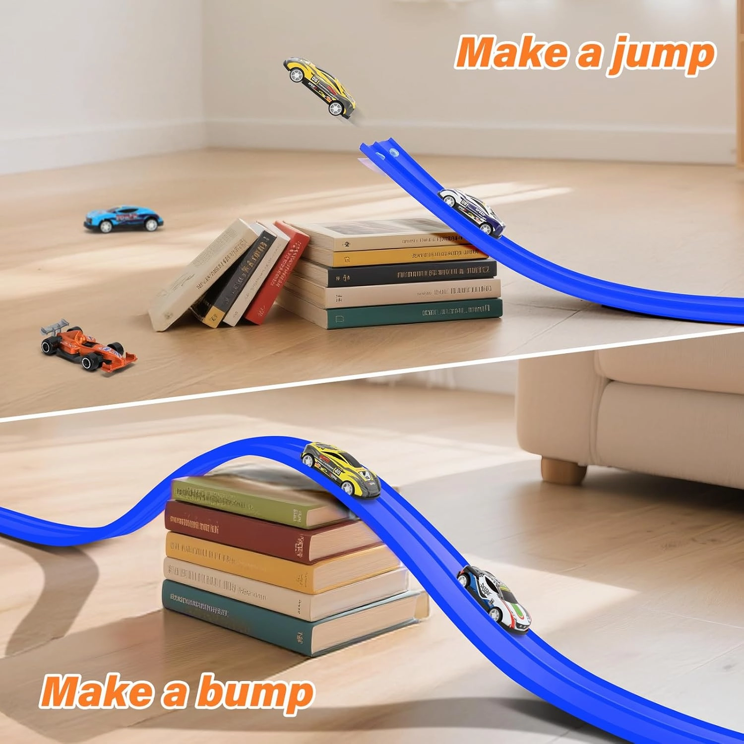 KETIEE Flex Tracks 16Ft for Kids: Flexible Race Car Ramp Track with 4 Small Racecars and 8 Suction Cups Compatible with Hot Wheels and Diecast 1/64th Cars, Rolls Up Portable Racetrack for Ages 3 & Up