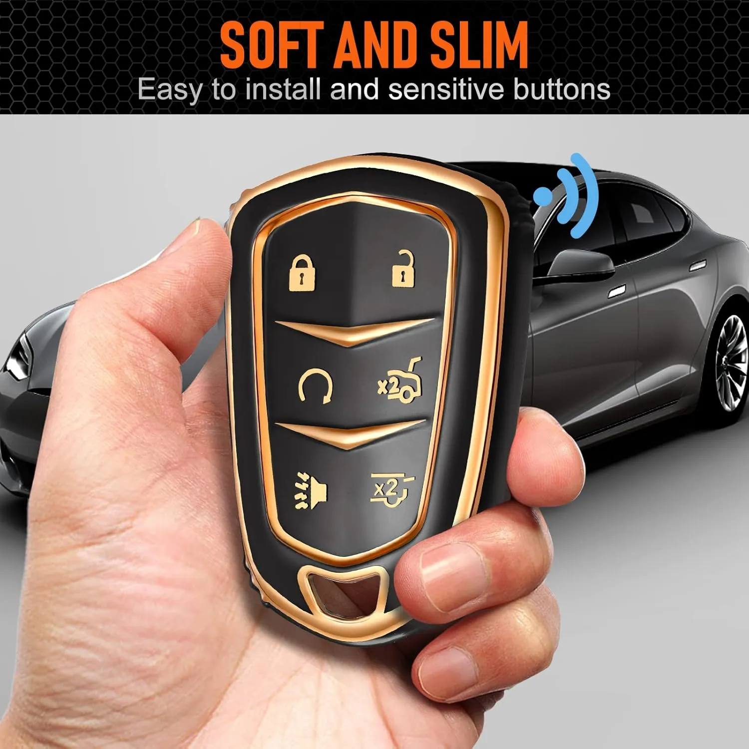 Key Fob Cover Keychain Accessories for Cadillac for Cadi Escalade ESV 6 Buttons, TPU Case(Black)