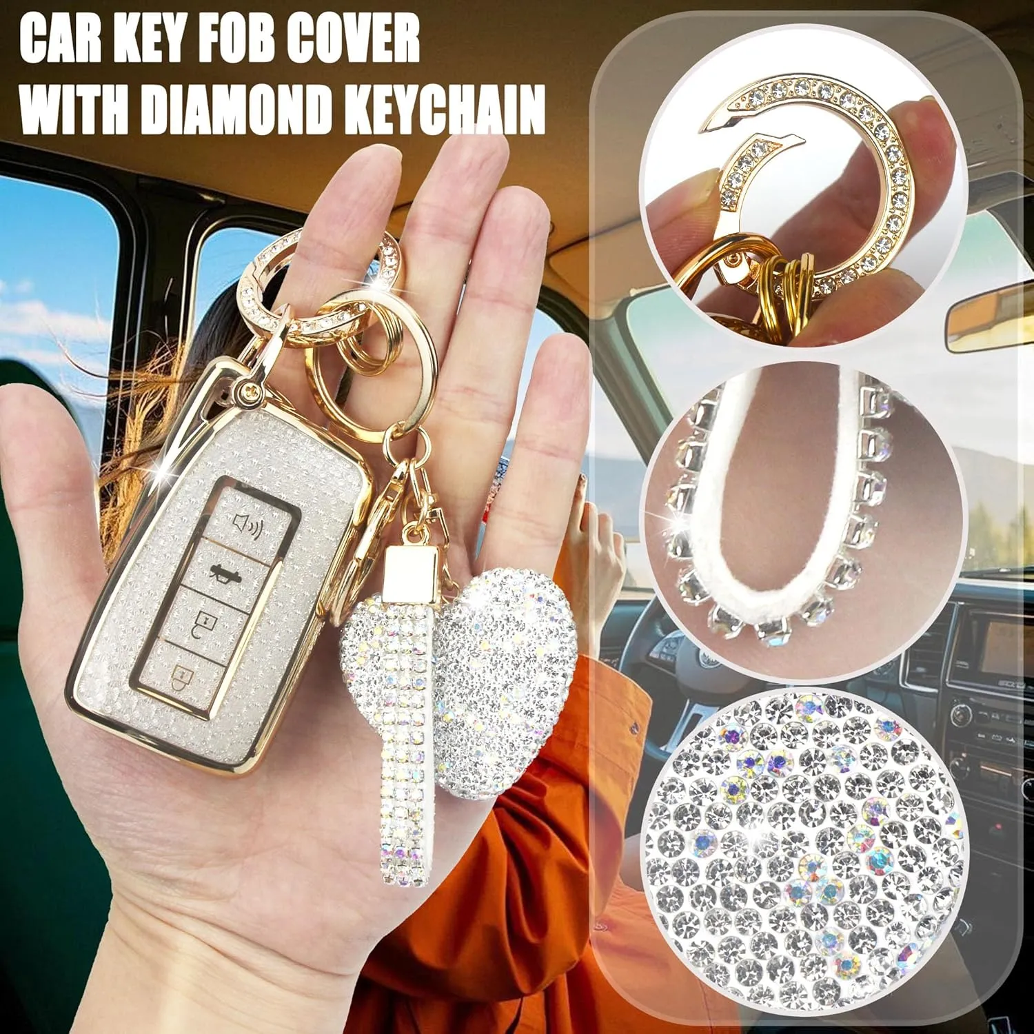 Key Fob Cover with Diamond Keychain for Lexus Car Key Shell Compatible with Lexus RX ES GS LS NX RS GX LX RC LC Smart Remote Key Protector for Women (3/4 Buttons-Silver Heart)