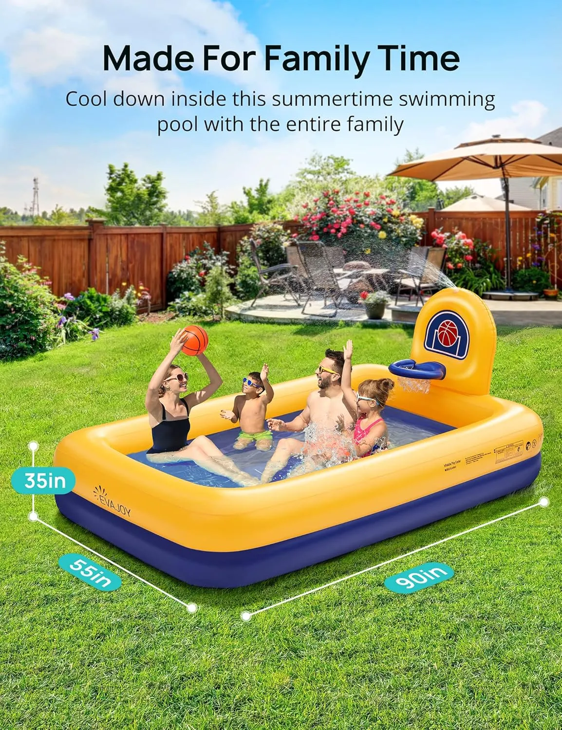 Kiddie Pool, Evajoy Inflatable Kids Pool, Summer Water Party Inflatable Pool for Backyard & Garden 90x55x35 Inch by Infinite Basics
