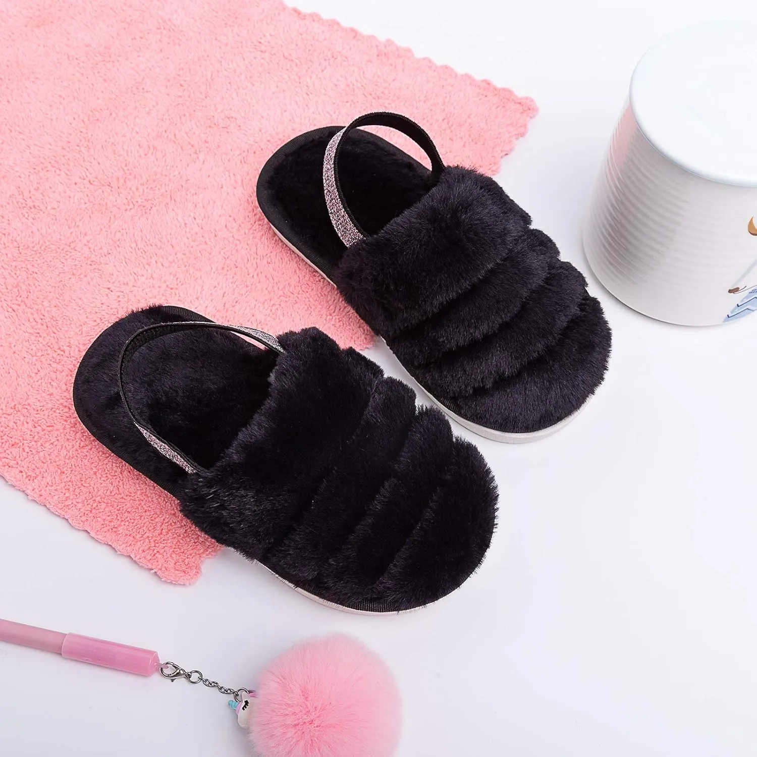 Kids Fluffy Fuzzy Slippers Open Toe House Home Slippers for Boys and Girls Faux Fur Slides with Strap Little Kids Slip-on Shoes