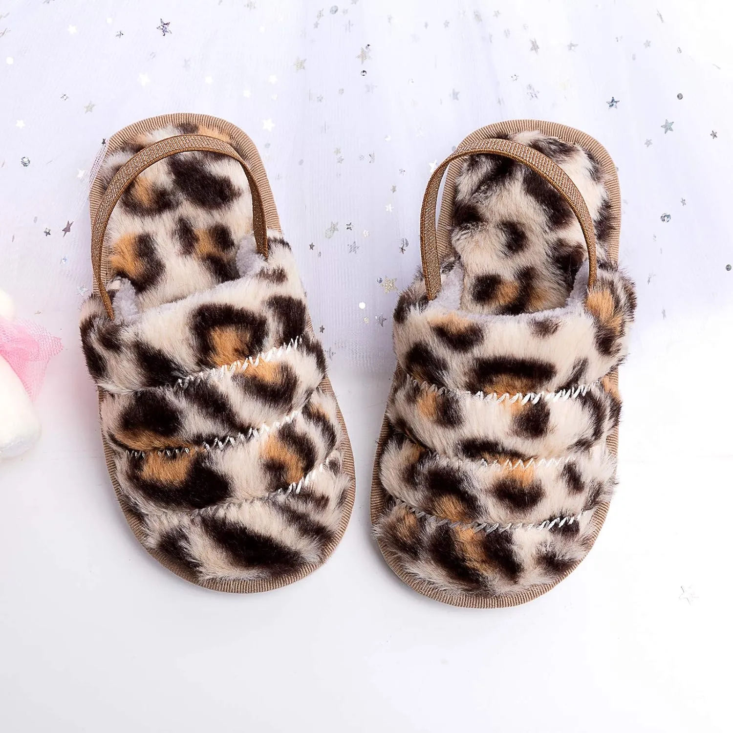 Kids Fluffy Fuzzy Slippers Open Toe House Home Slippers for Boys and Girls Faux Fur Slides with Strap Little Kids Slip-on Shoes