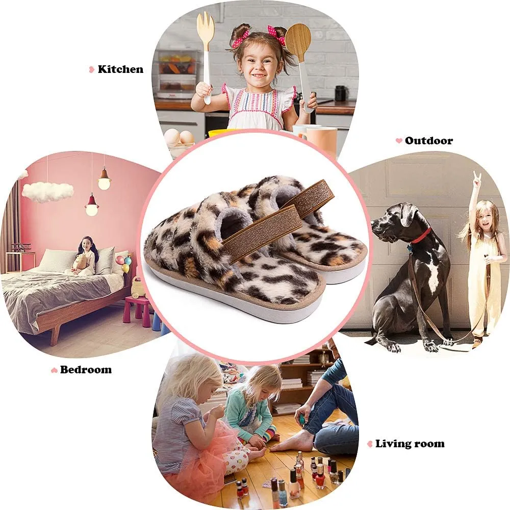 Kids Fluffy Fuzzy Slippers Open Toe House Home Slippers for Boys and Girls Faux Fur Slides with Strap Little Kids Slip-on Shoes