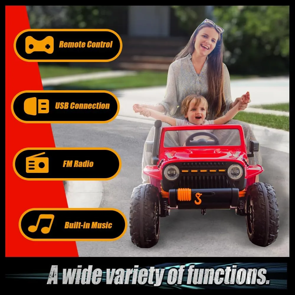 Kids Ride On Car Truck, 24 Volts 2 Seater Kids' Electric Vehicles with Remote Control, Electric Car with LED Lights,Bluetooth, Safety Belt, Spring Suspension,2 Speeds and Long-Lasting (RED)