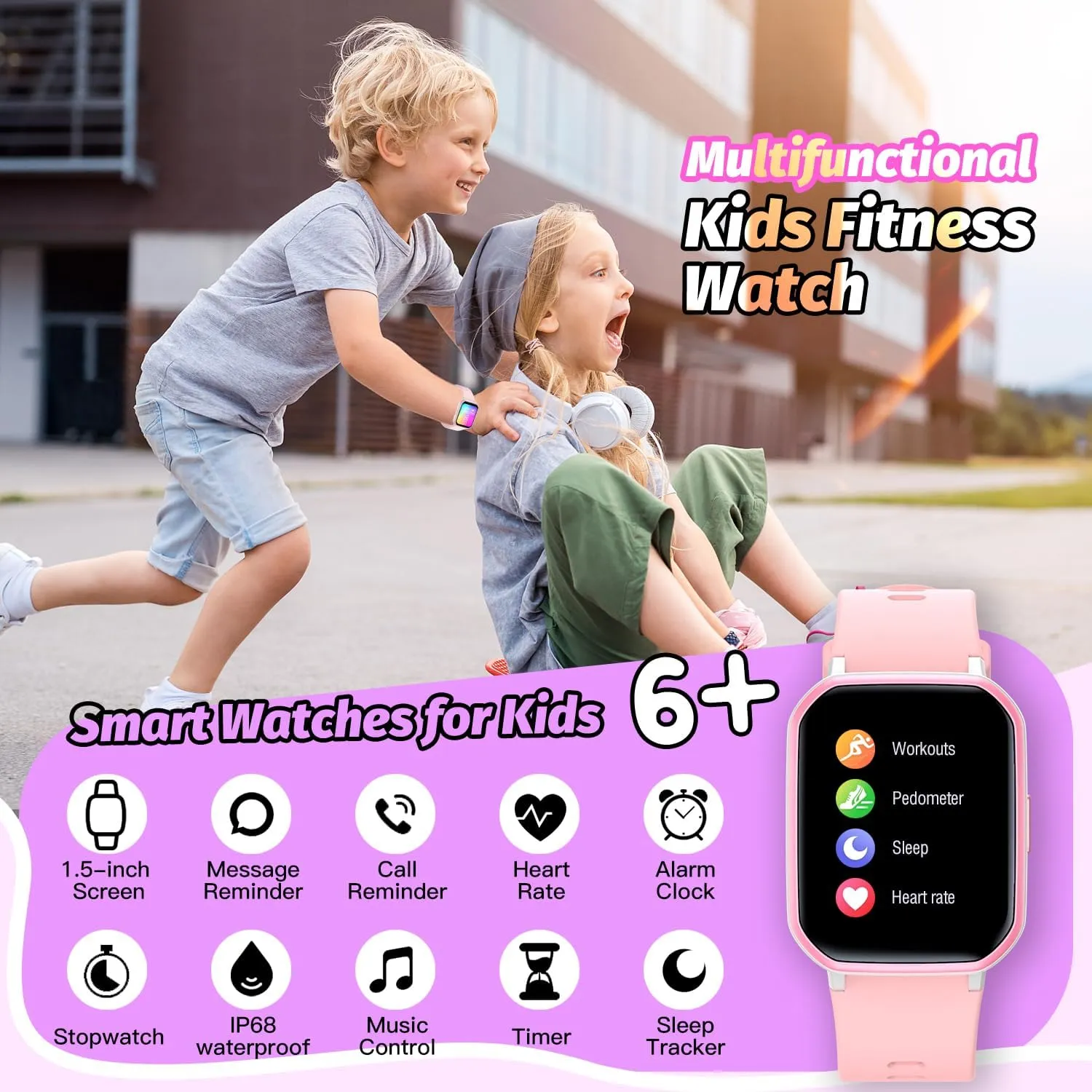 Kids Smart Watch for Girls,IP68 Waterproof Kids Fitness Tracker Watch with 1.5 Inch DIY Face,Heart Rate Sleep Monitor,19 Sport Modes,Calories Counter,Alarm Clock,Great Gifts for Children 6  (PInk)