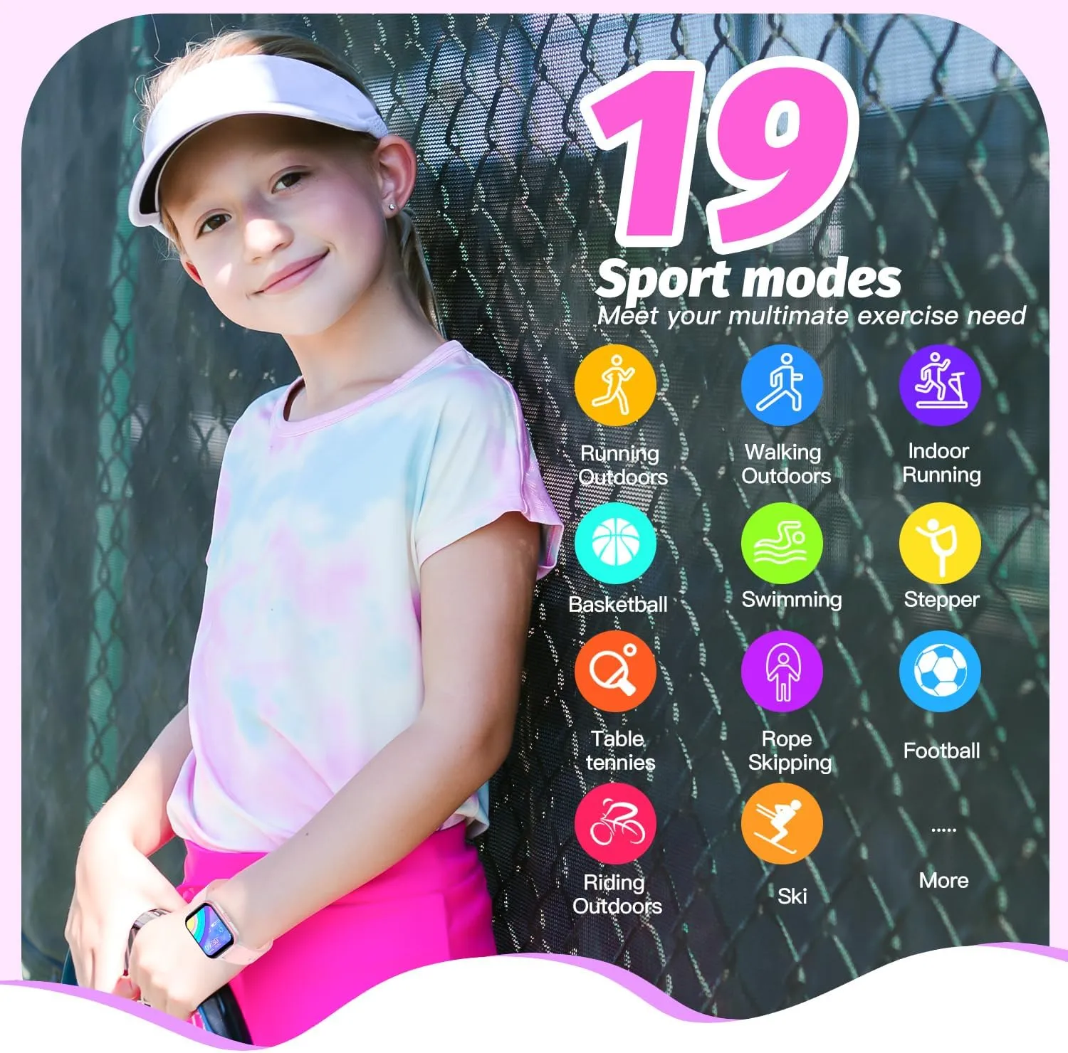 Kids Smart Watch for Girls,IP68 Waterproof Kids Fitness Tracker Watch with 1.5 Inch DIY Face,Heart Rate Sleep Monitor,19 Sport Modes,Calories Counter,Alarm Clock,Great Gifts for Children 6  (PInk)