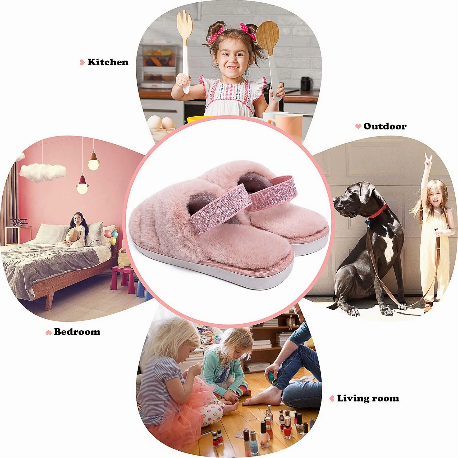 Kids Fluffy Fuzzy Slippers Open Toe House Home Slippers for Boys and Girls Faux Fur Slides with Strap Little Kids Slip-on Shoes