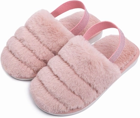 Kids Fluffy Fuzzy Slippers Open Toe House Home Slippers for Boys and Girls Faux Fur Slides with Strap Little Kids Slip-on Shoes
