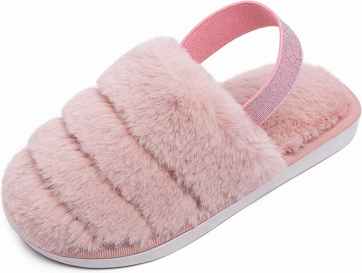 Kids Fluffy Fuzzy Slippers Open Toe House Home Slippers for Boys and Girls Faux Fur Slides with Strap Little Kids Slip-on Shoes
