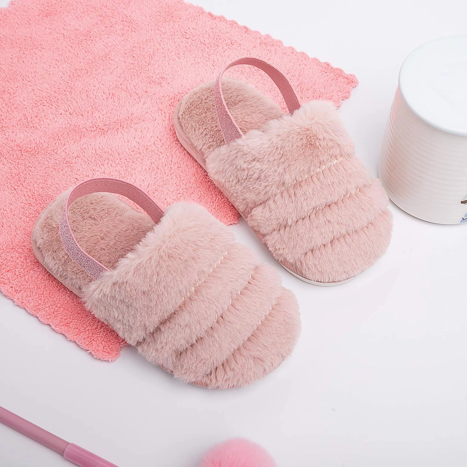 Kids Fluffy Fuzzy Slippers Open Toe House Home Slippers for Boys and Girls Faux Fur Slides with Strap Little Kids Slip-on Shoes