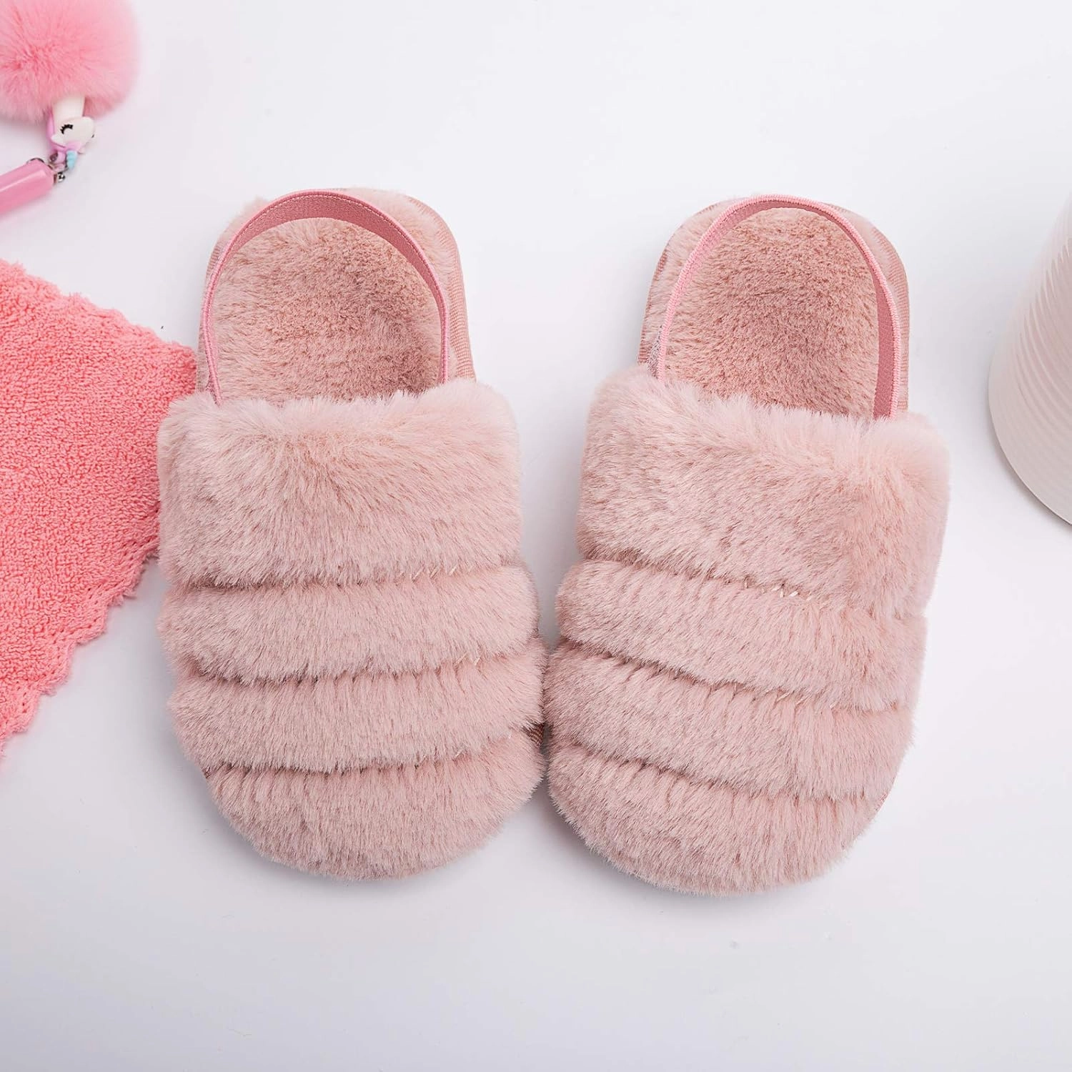 Kids Fluffy Fuzzy Slippers Open Toe House Home Slippers for Boys and Girls Faux Fur Slides with Strap Little Kids Slip-on Shoes