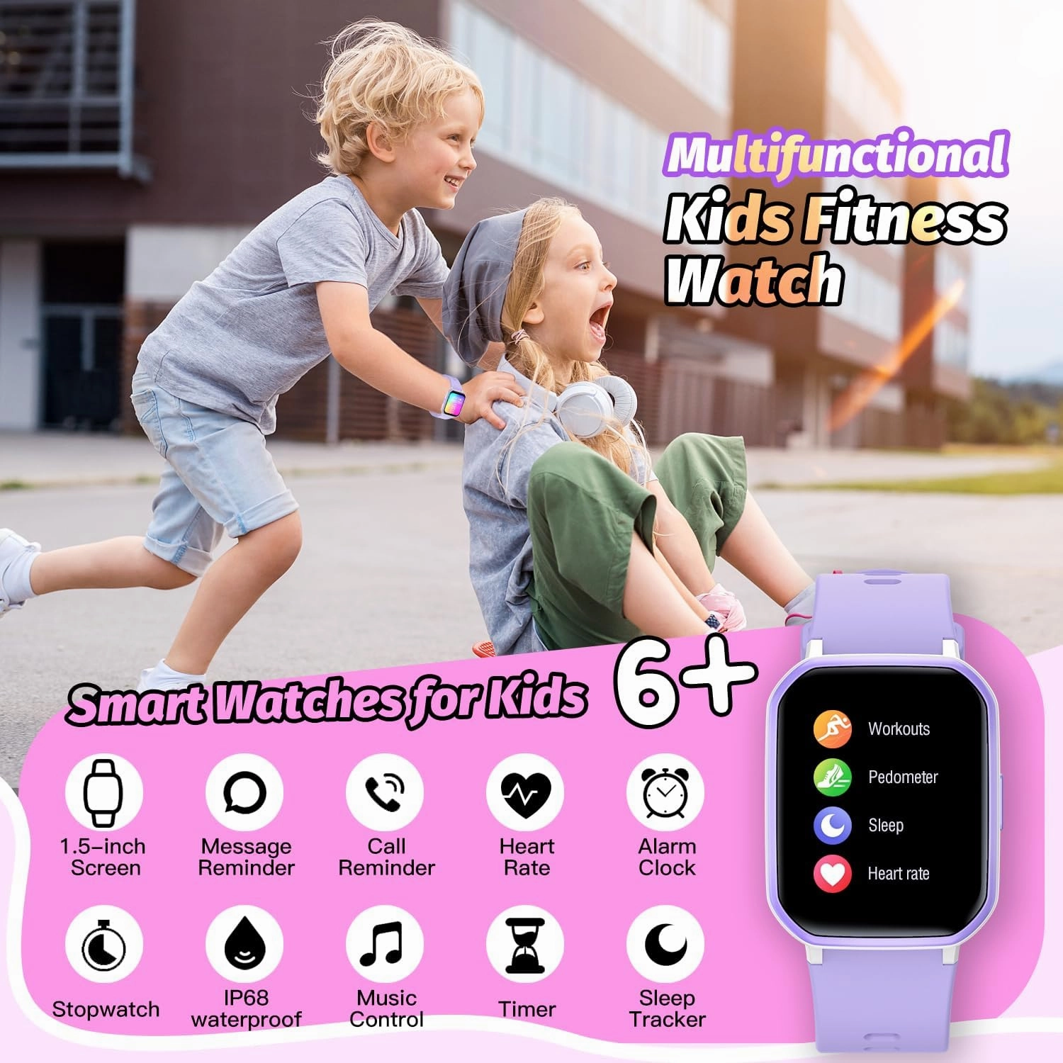 Kids Smart Watch for Girls,IP68 Waterproof Kids Fitness Tracker Watch with 1.5 Inch DIY Face,Heart Rate Sleep Monitor,19 Sport Modes,Calories Counter,Alarm Clock,Great Gifts for Children 6 (Purple)