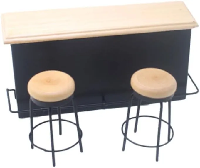 Kisangel 3Pcs Miniature Bar Counter Dollhouse Furniture with Desk and Chairs for Micro World Decoration Wooden Ornaments for Creative Layouts