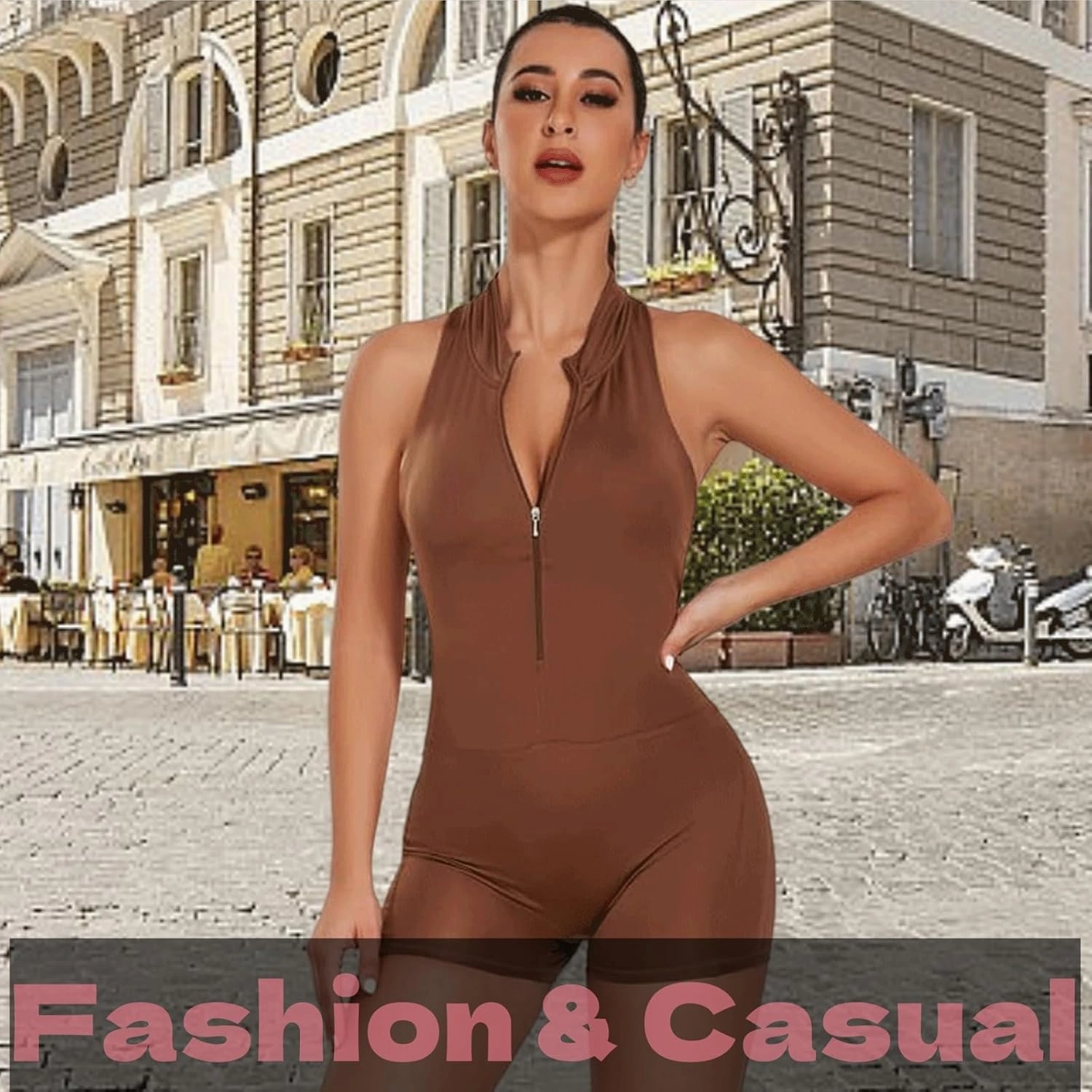 KIWI RATA Zip Up Romper One Piece Workout Jumpsuits for Women Sleeveless Backless Tummy Control V Back Scrunch