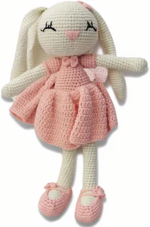 Knitted Stuffed Animal for Baby, Lop Eared Rabbit, Pink Dress Crochet Rabbit Baby Toys, Rattle Bunny Sleeping Toy for 3 4 5 Year Old Girl(10.6 Inches)