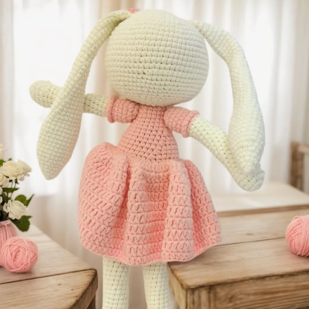 Knitted Stuffed Animal for Baby, Lop Eared Rabbit, Pink Dress Crochet Rabbit Baby Toys, Rattle Bunny Sleeping Toy for 3 4 5 Year Old Girl(10.6 Inches)