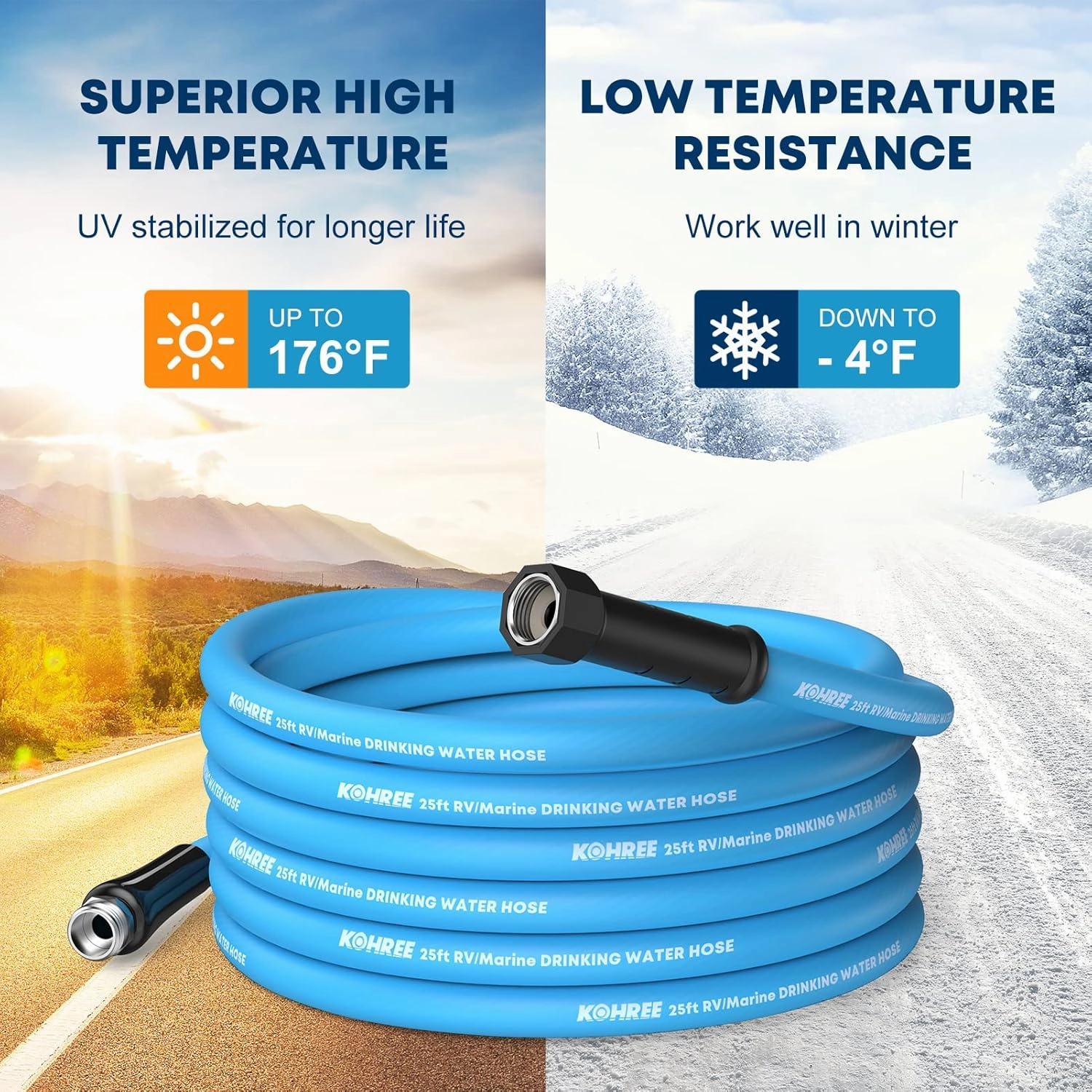 Kohree 25FT RV Water Hose with Storage Bag, 5/8'' Premium Drinking Water Hose Leak Free, No Kink and Flexible Garden Hose for RV, Camper, Truck, Car - Blue