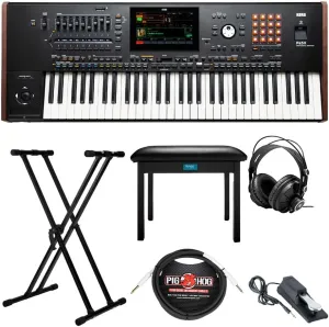 Korg 61-Key Pa5X Professional Arranger Bundle with Adjustable Keyboard Stand, Flip-Top Bench, Closed-Back Headphones, Sustain Pedal, and 1/4 Inch TS Cables (7 Items)
