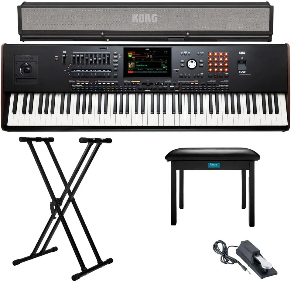 Korg 88-Key Pa5X Professional Arranger Bundle with Korg PaAS MK2 3-Channel 120W Amplification System, Double X Keyboard Stand, Flip-Top Piano Bench (Black), Piano Style Sustain Pedal (Black) (5 Items)