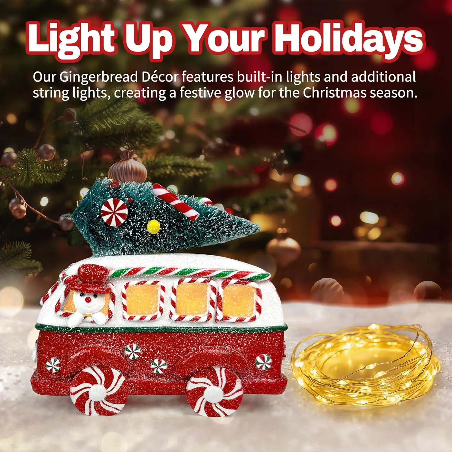 KPCB Gingerbread Car Christmas Decorations - Lighted Gingerbread Decor Car Figurines with Mini Christmas Tree and Snowman - 6.7" Holiday Winter Decor for Party Centerpiece, Mantel, Shelves