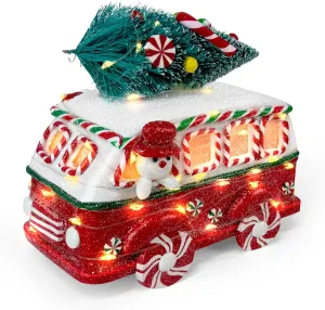 KPCB Gingerbread Car Christmas Decorations - Lighted Gingerbread Decor Car Figurines with Mini Christmas Tree and Snowman - 6.7" Holiday Winter Decor for Party Centerpiece, Mantel, Shelves