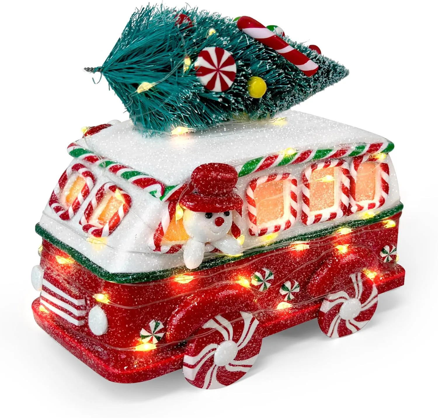 KPCB Gingerbread Car Christmas Decorations - Lighted Gingerbread Decor Car Figurines with Mini Christmas Tree and Snowman - 6.7" Holiday Winter Decor for Party Centerpiece, Mantel, Shelves