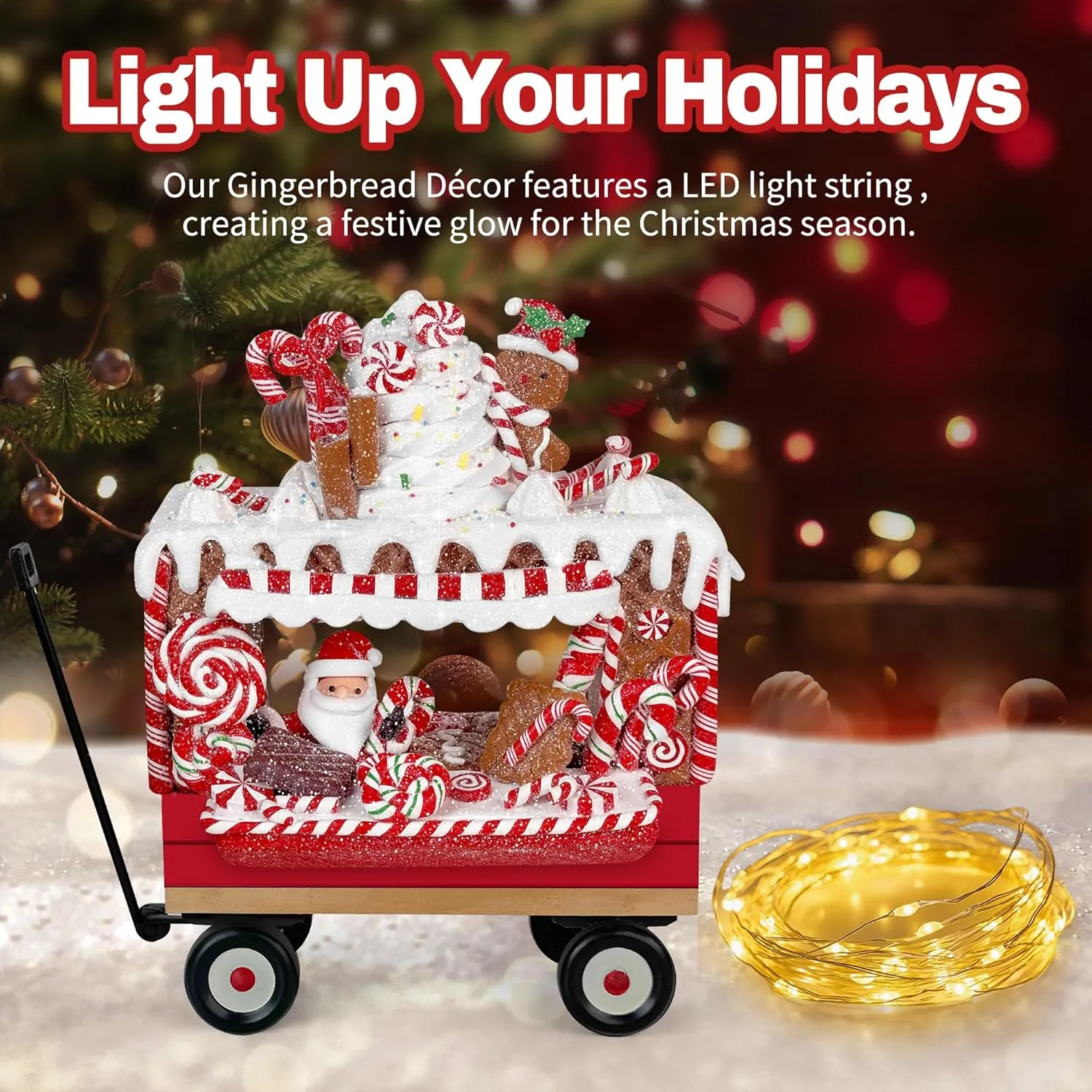 KPCB Gingerbread Decor Food Cart - Lighted Christmas Food Trailer Decorations with Candies and Cookies - 9.45" Holiday Home Figurines for Christmas Party, Mantel, Tabletop, Kitchen
