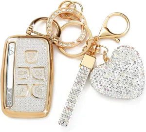 Land Rover Key Fob Cover With Heart Keychain for Women - Compatible With Range Rover Evoque Sport Velar Discovery Jaguar F-Pace F-Type XE XEL XF XFL XJ (5 Buttons-Silver)