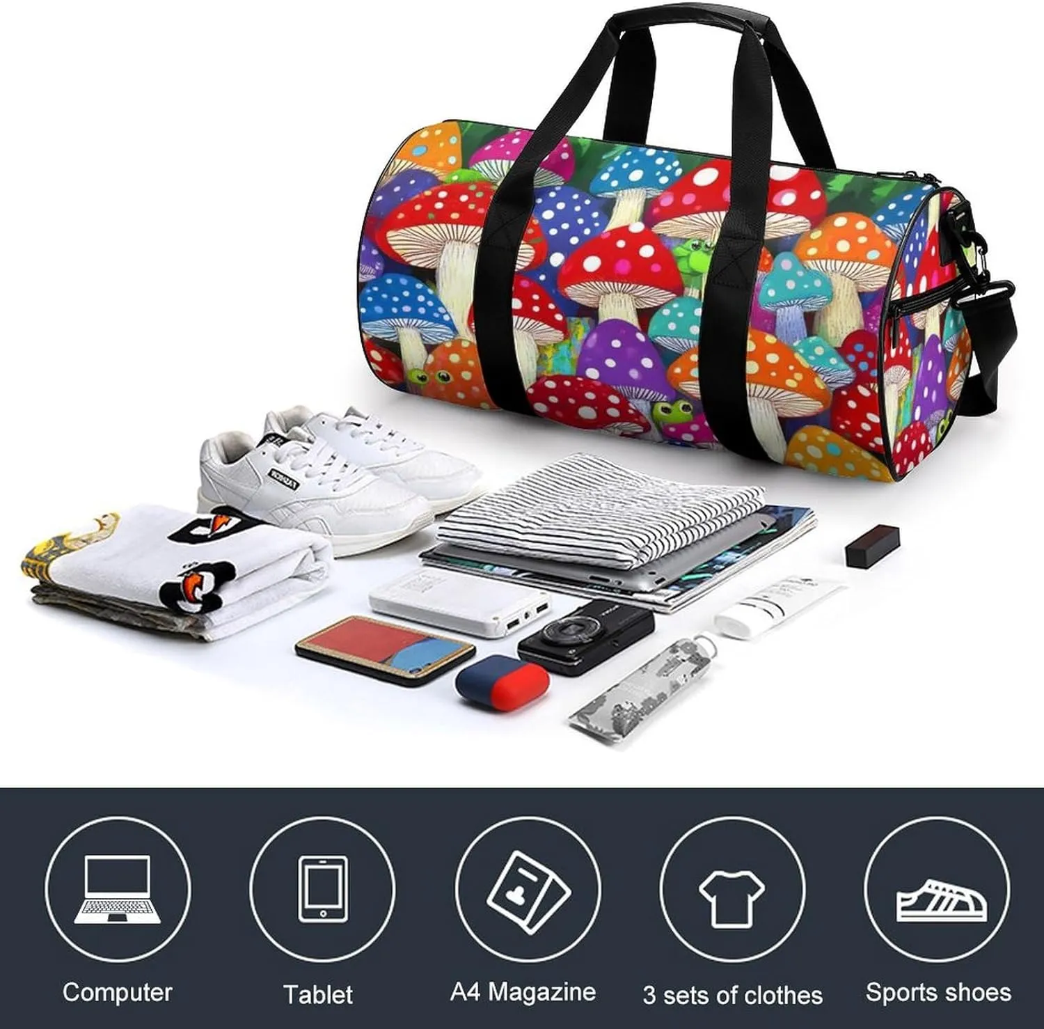 Large Duffel Backpack for Men Women, Waterproof Gym Sports Bag Colorful Mushrooms Art Weekender Overnight Bag for Travel Yoga