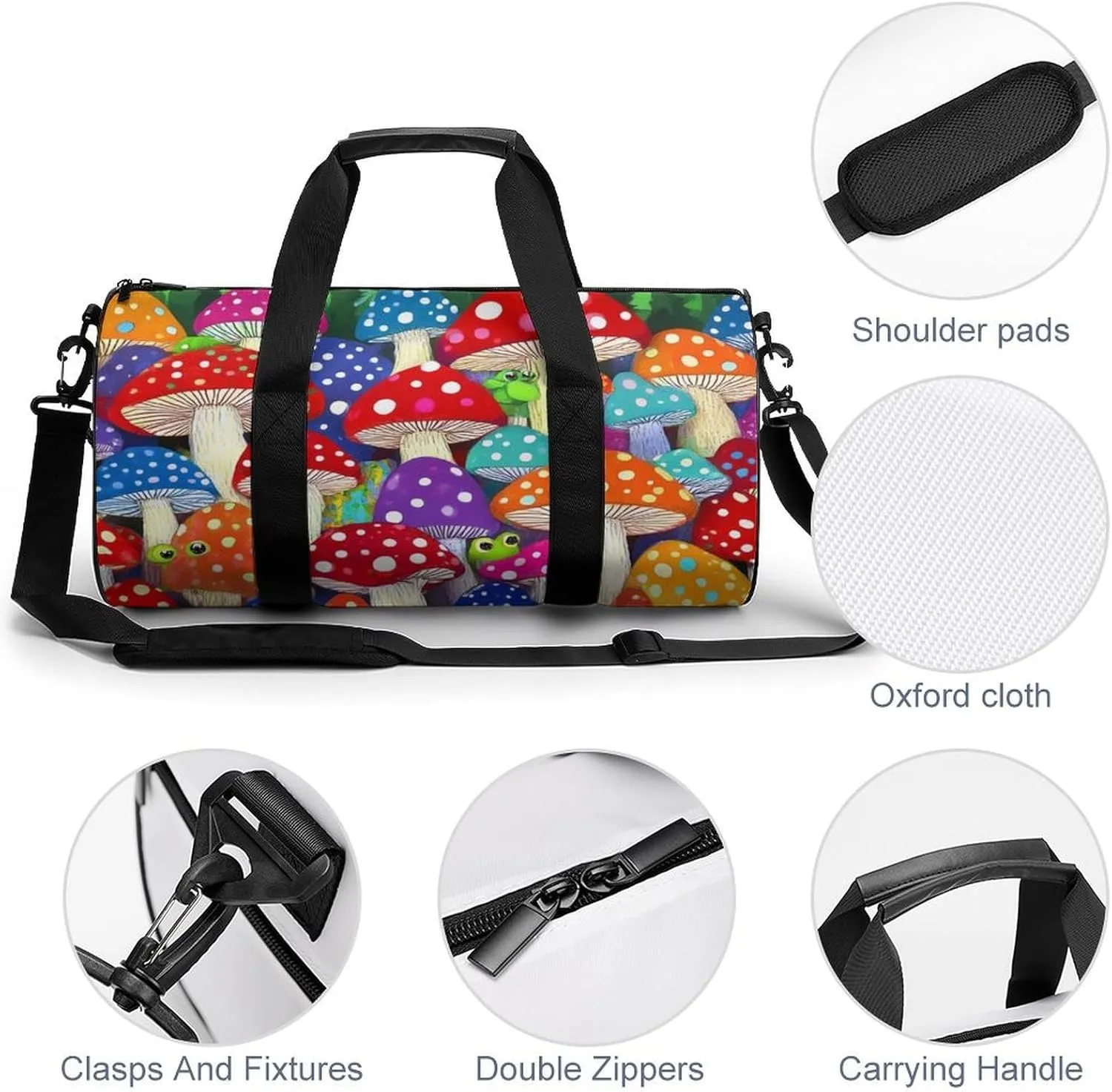 Large Duffel Backpack for Men Women, Waterproof Gym Sports Bag Colorful Mushrooms Art Weekender Overnight Bag for Travel Yoga
