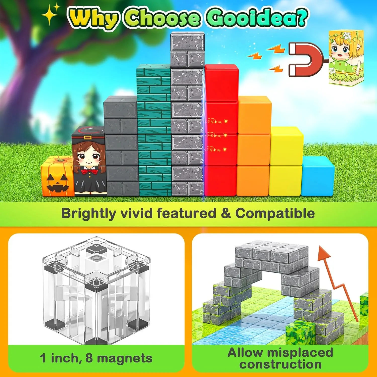 Large Magnetic Blocks Kids Building Toys Mine Magworld Magic Enchanted Building Craft 1'' Cubes, Construction Sensory Toys for 3  Year Old Boys Girls, Game Gifts for Kids Ages 4-6, 5-7, 4-8, 8-12