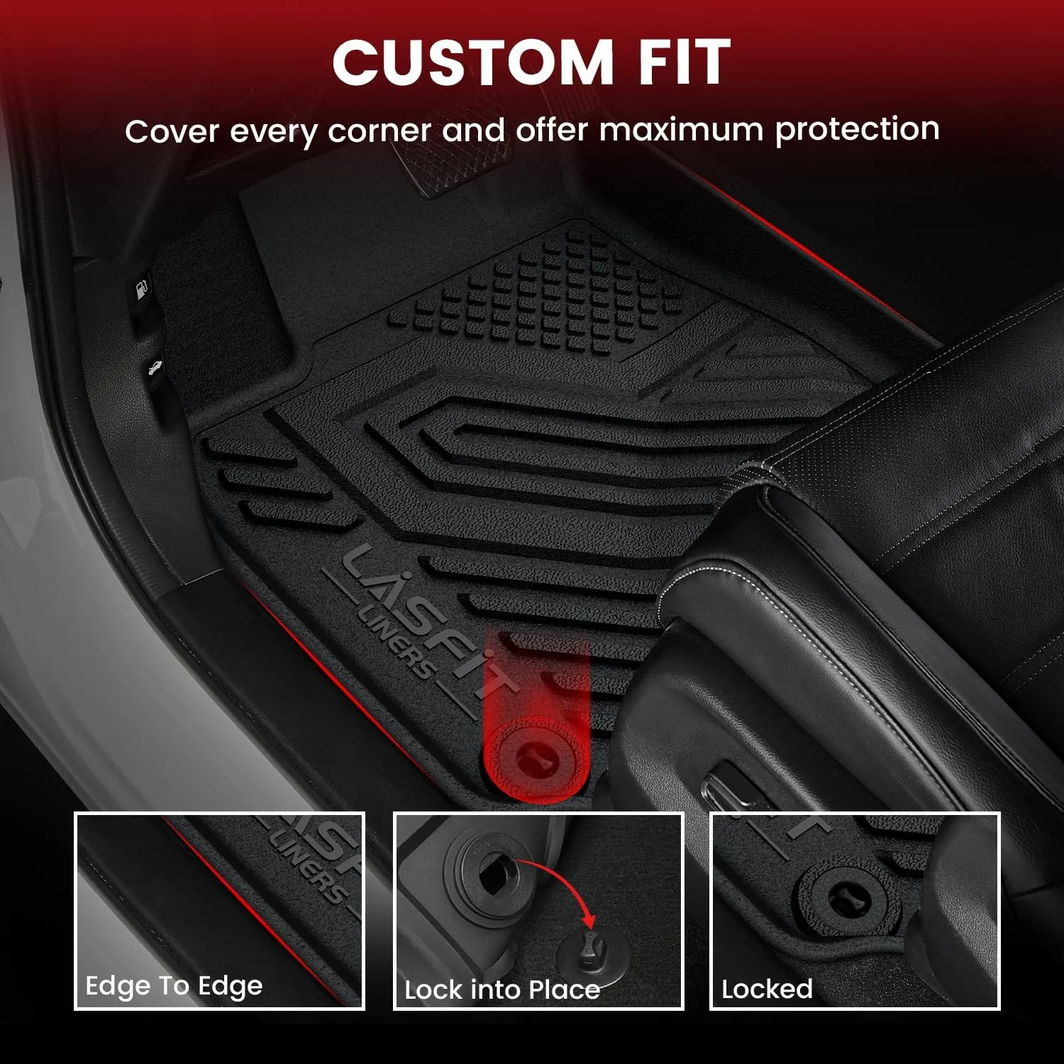 LASFIT Floor Mats for Honda Ridgeline 2025 2024 2023-2017 Crew Cab, All Weather Protection TPE Non-Slip Custom Fit Automotive Accessories Floor Liners 1st & 2nd Row, Black