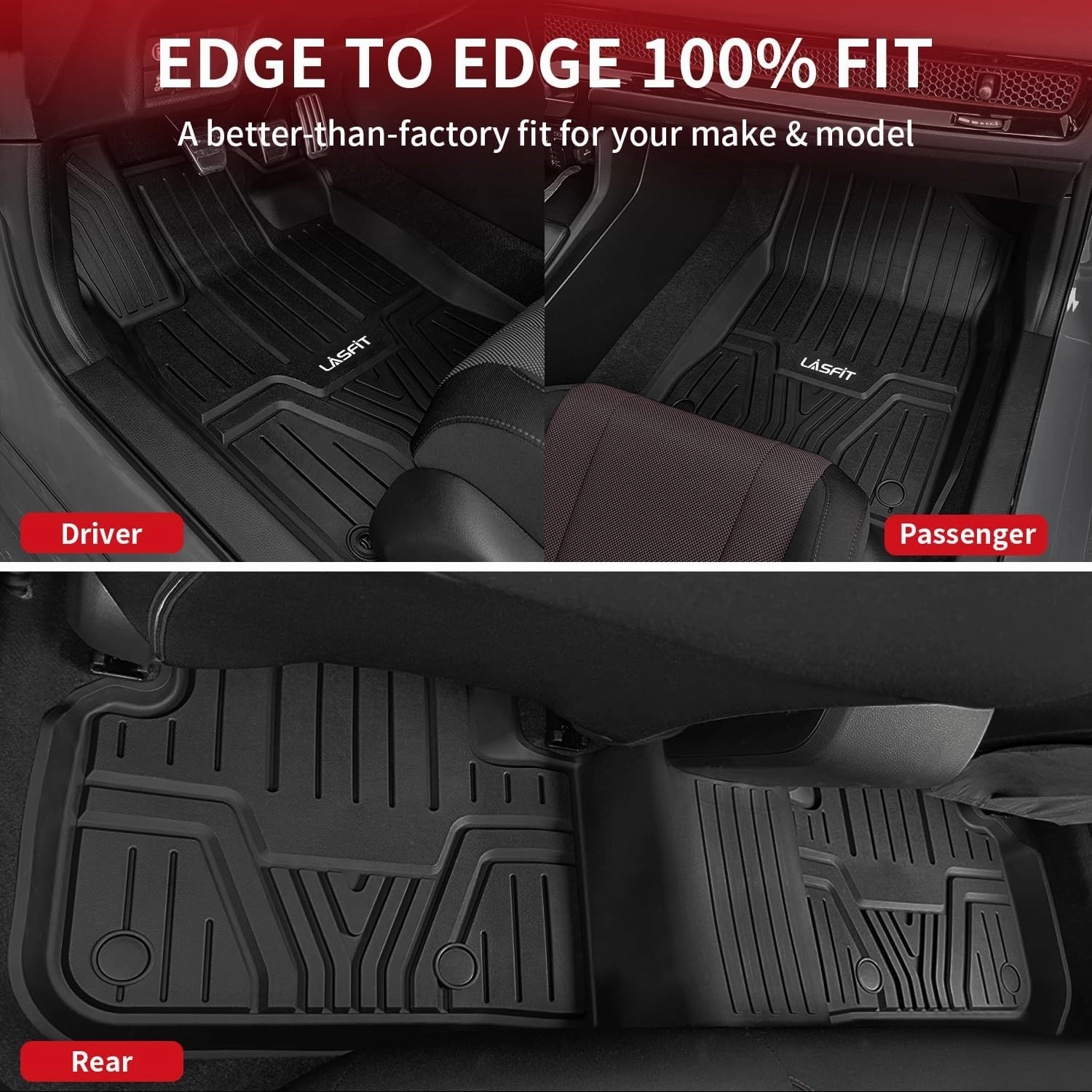 LASFIT Floor Mats for Honda Civic 2022-2025 (Fits Rear Seats with or Without USB Ports) | for Acura Integra 2023-2025, All Weather Car Floor Liners, 1st & 2nd Row, Black