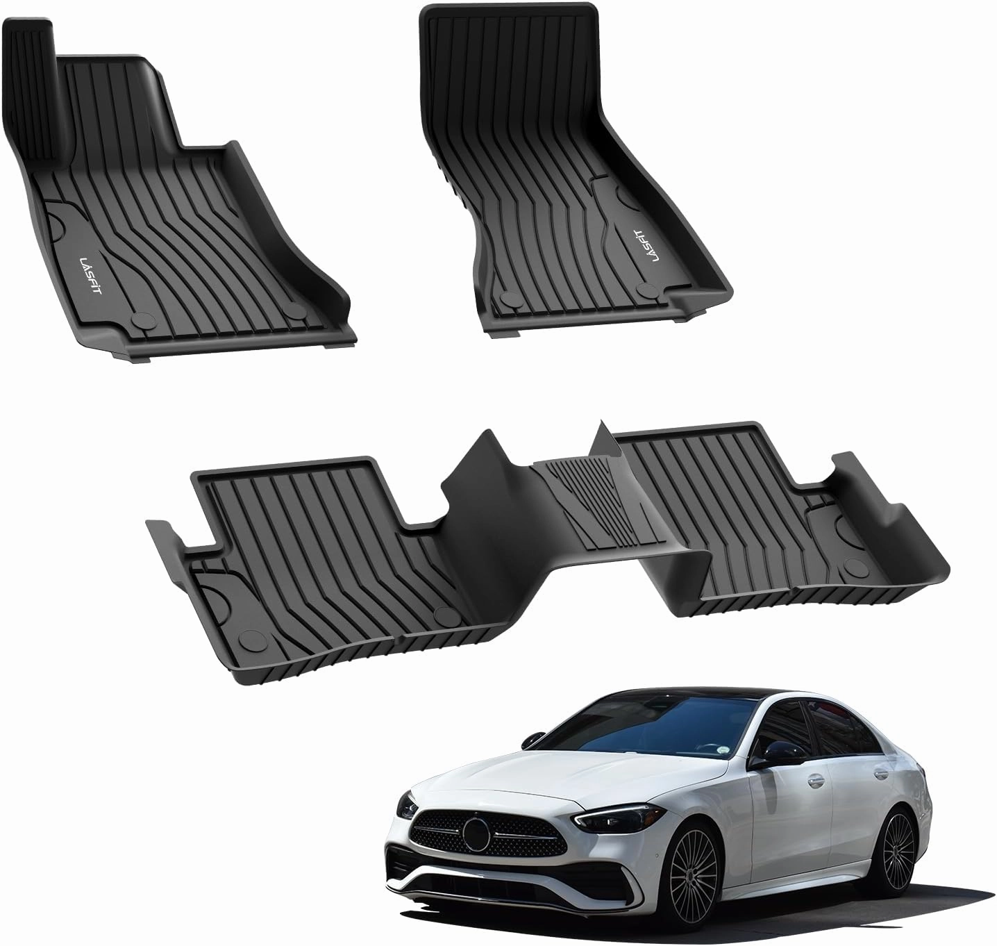 LASFIT Floor Mats for Mercedes Benz C Class Sedan Only 2025 2024 2023 2022, Custom Fit TPE All Weather Floor Liners Car Mats,1st & 2nd Row Set,Black