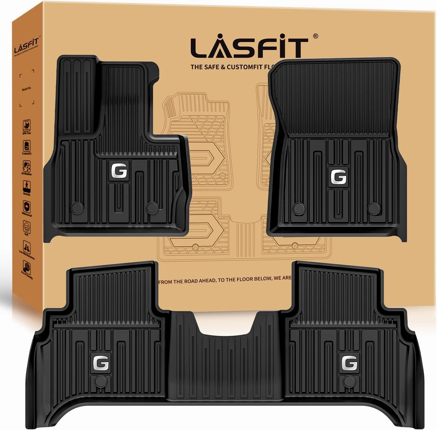 LASFIT Floor Mats for Mercedes Benz G Class 2025 2024 2023 2022-2019 G550 G63 AMG, All Weather Custom Fit TPE Car Liners,1st & 2nd Row Set,Black