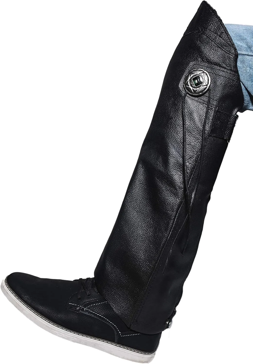 Leather Legs Cover Half Chaps Zipper & Velcro Short Gaiter Stay Up Lined Windproof Leg Warmers Adjustable Concho & Fringes for Horse Riders, Protective Guard Bikers, leg gaiters for Women & Men XL-2X