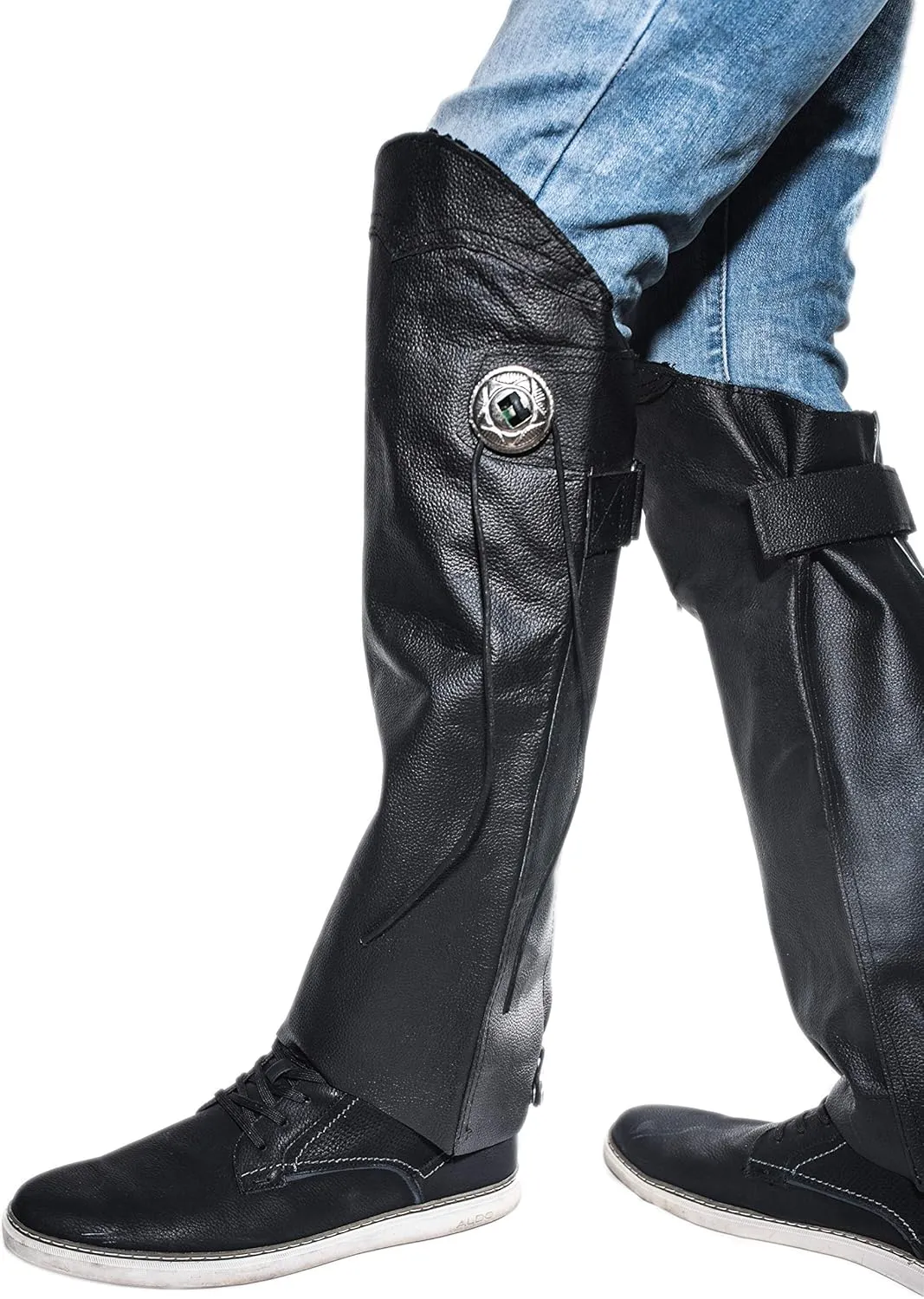 Leather Legs Cover Half Chaps Zipper & Velcro Short Gaiter Stay Up Lined Windproof Leg Warmers Adjustable Concho & Fringes for Horse Riders, Protective Guard Bikers, leg gaiters for Women & Men XL-2X
