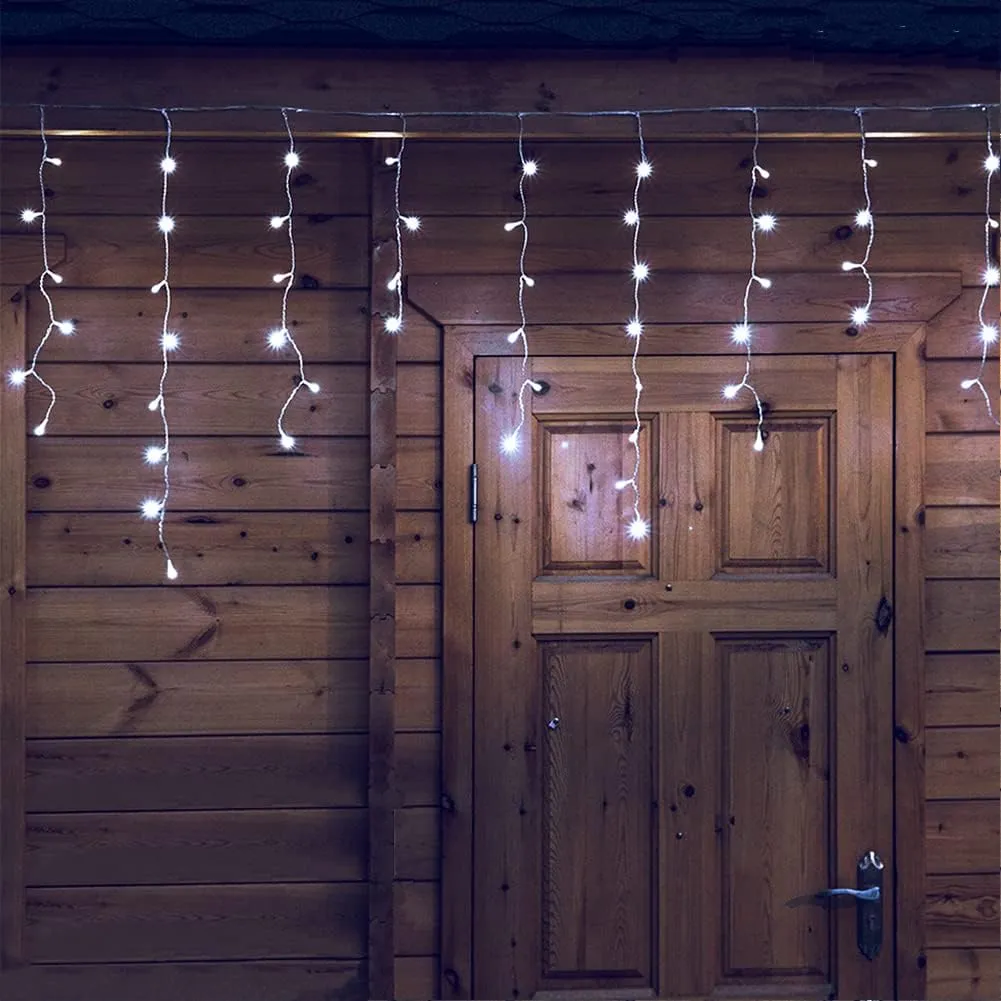 LED Icicle Lights, 300 LEDs, 33ft, 8 Modes, Curtain Fairy Light with 60 Drops, Clear Wire LED String for Christmas/Thanksgiving/Easter/Halloween/Party Backdrops Decorations (Cool White)