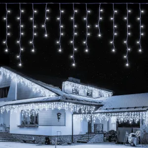 LED Icicle Lights, 300 LEDs, 33ft, 8 Modes, Curtain Fairy Light with 60 Drops, Clear Wire LED String for Christmas/Thanksgiving/Easter/Halloween/Party Backdrops Decorations (Cool White)