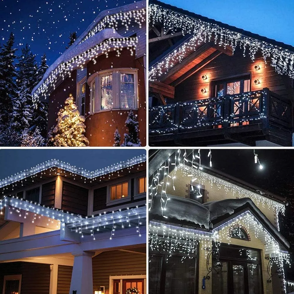 LED Icicle Lights, 300 LEDs, 33ft, 8 Modes, Curtain Fairy Light with 60 Drops, Clear Wire LED String for Christmas/Thanksgiving/Easter/Halloween/Party Backdrops Decorations (Cool White)