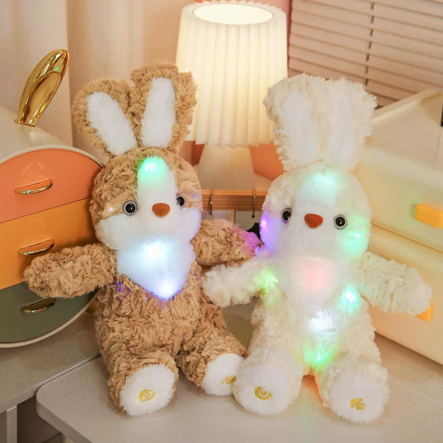 LED Light-Up Plush Bunny Toy -13.7In Soft Rabbit Stuffed Animal with Music, Colorful Lights, Volume Control, and Included Batteries for Kids Ages 3 and Up