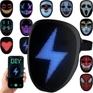 LED Mask with Programmable App & Gesture Sensing, DIY Unisex LED Lighted Face Transforming Mask for Halloween Costume