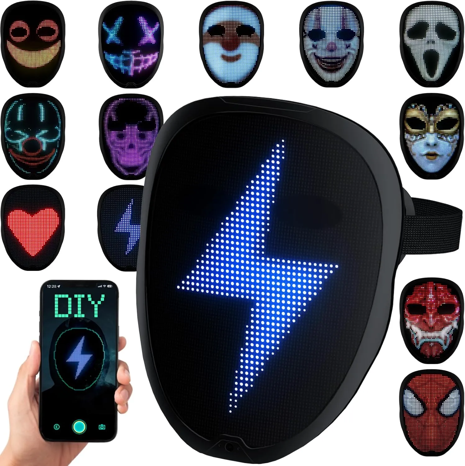 LED Mask with Programmable App & Gesture Sensing, DIY Unisex LED Lighted Face Transforming Mask for Halloween Costume