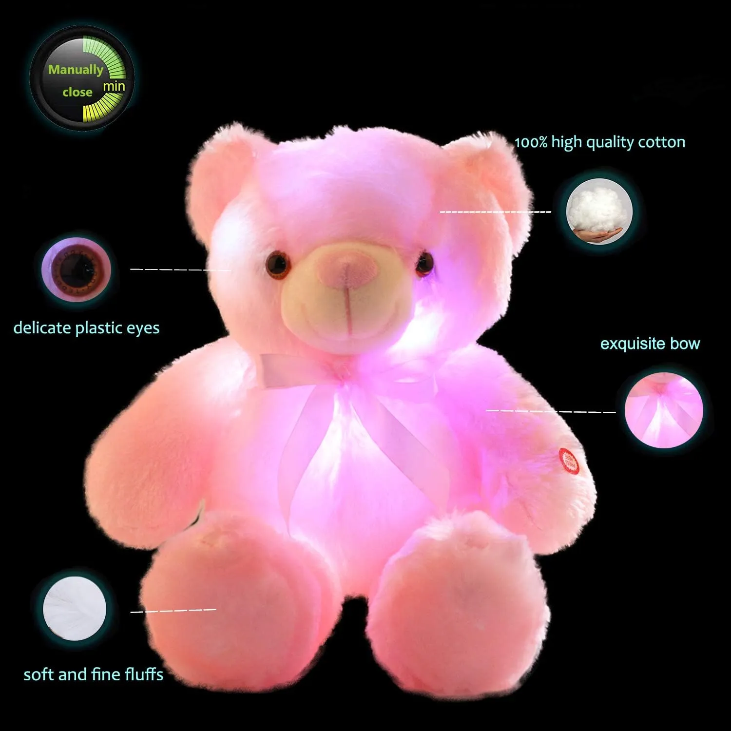 LED Teddy Bears Stuffed Animals, Cute Glow Bear Plush Toys Creative Colorful Luminous Light Up Doll Gifts for Bedroom, Kids, Baby, Valentine (Pink,18 inch)