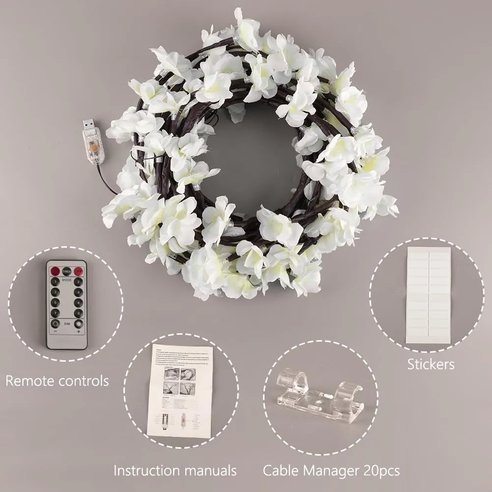 LED Tree Branch Lights for Wall Rose Lights with Remote and 8 Lighting Modes Rose Garland Willow Vine for Bedroom Indoor Wall Wedding Valentines Day Decor (White 2.3M 144LEDs)